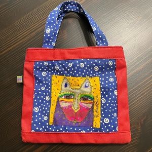 Laurel Burch Beaded Cat Print Canvas Handbag